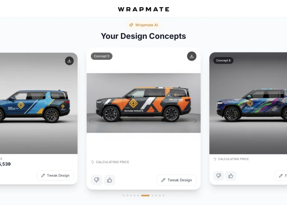 Wrapmate AI design tool showing vehicle wrap concepts